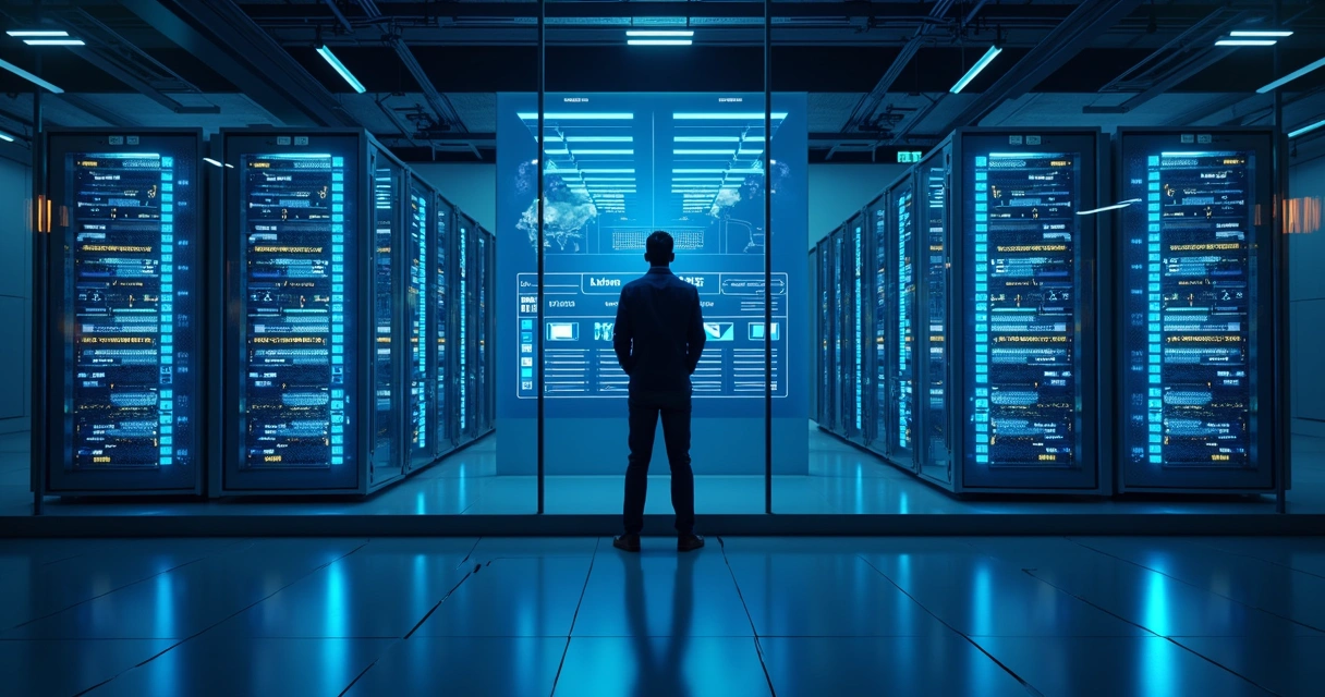 Servidores em rack e painel digital mostrando automação de backup 