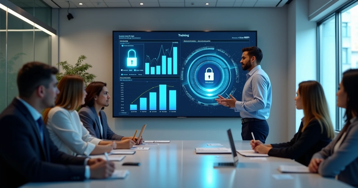 Profissional de TI orientando equipe diante de tela com gráficos automáticos e ícones de cadeado 