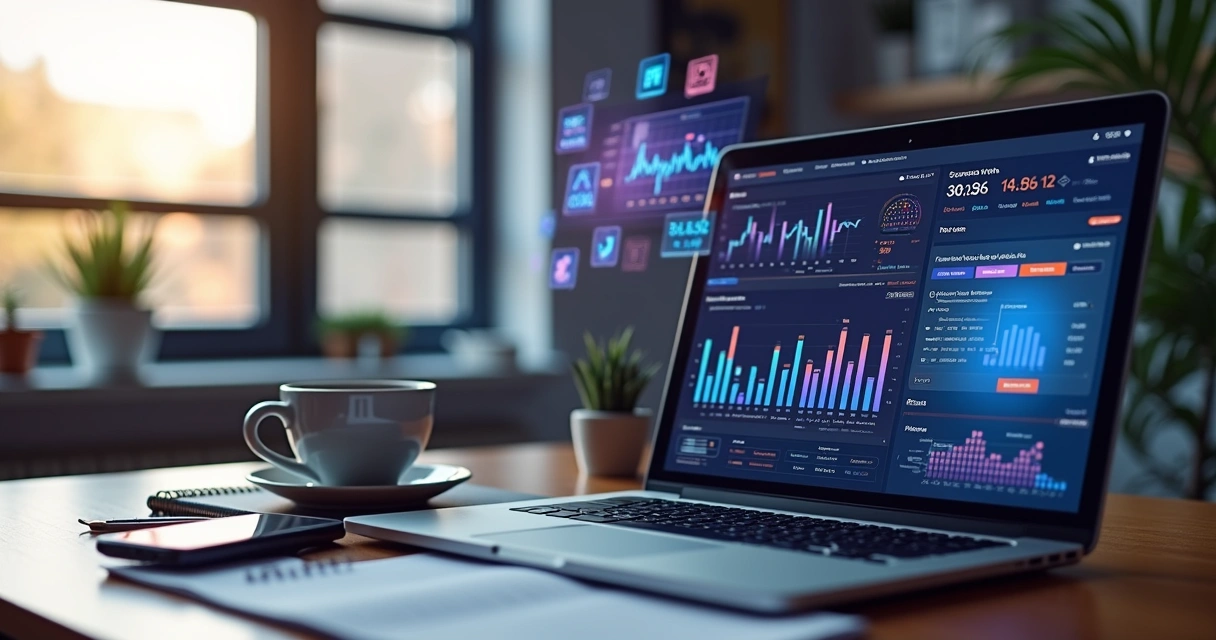 Mesa de trabalho moderna com notebook exibindo gráficos de SEO, smartphone com agenda digital e telas mostrando automação e inteligência artificial. 