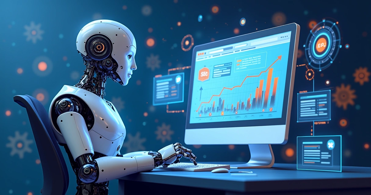 Representação digital de automação de blog com gráficos de desempenho e IA 