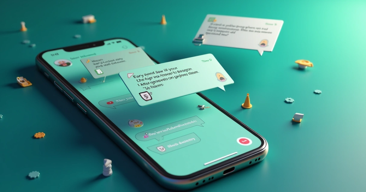 Ilustração colorida mostrando um chat do WhatsApp com balões de mensagens automáticas de boas-vindas e resposta.