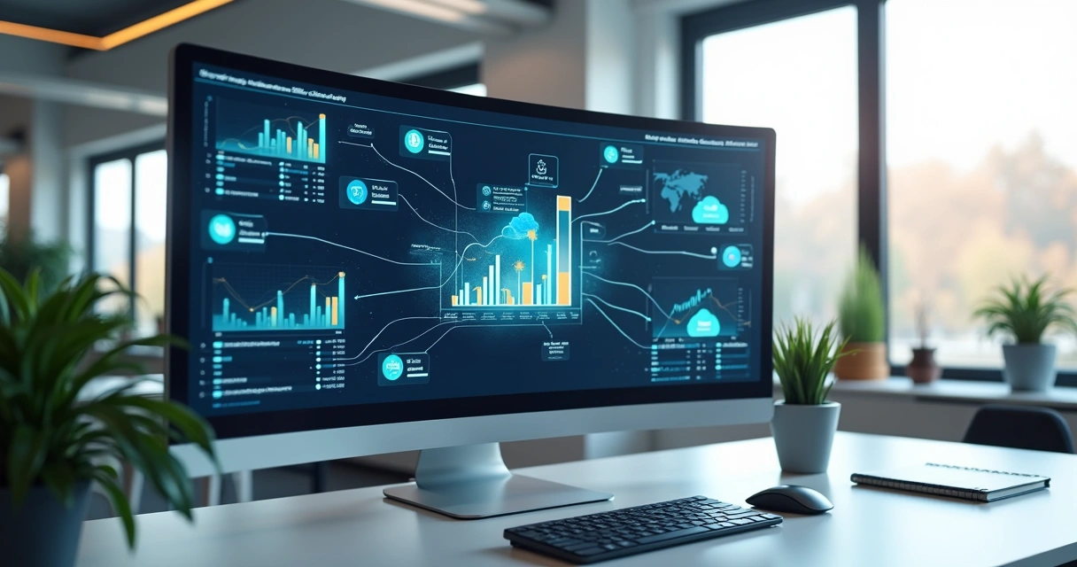 Tela de computador mostrando integração automatizada de cadastro de produtos no sistema ERP, com gráficos e planilhas digitais de estoque e vendas 