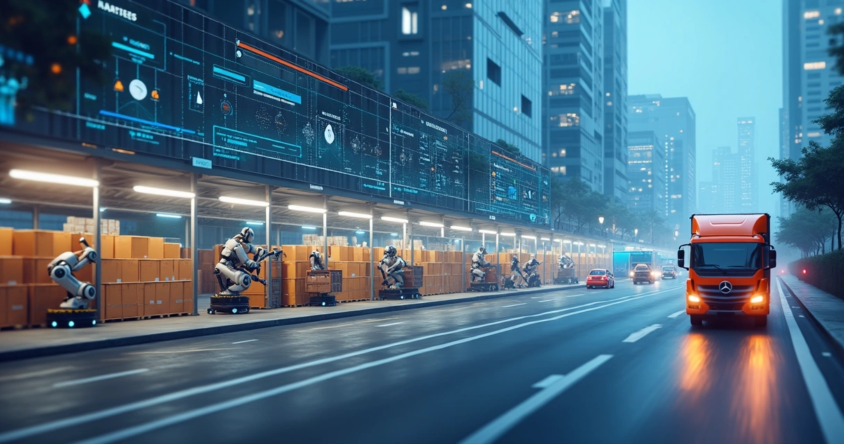 Fluxo de logística automatizado com IA, mostrando robôs, centros de distribuição e integração de sistemas.