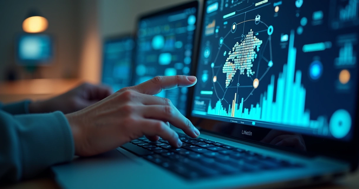 Fluxo de cadência automatizada com mensagens personalizadas em tela de computador, gráficos de engajamento e conexões LinkedIn visíveis
