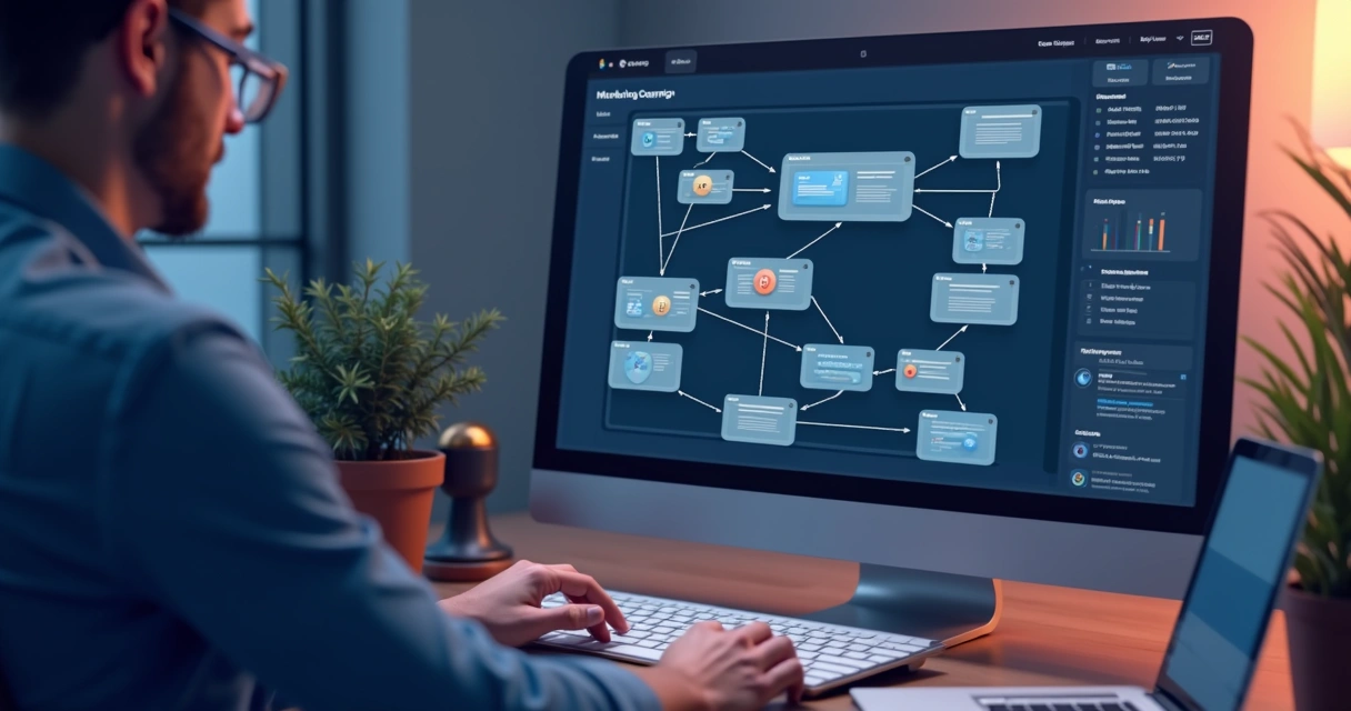 Fluxo visual de automação de campanhas em marketing digital 