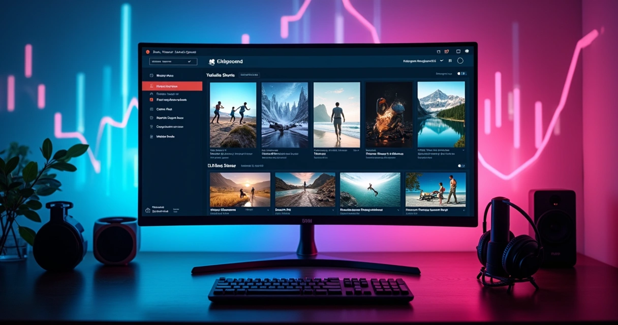 Painel de criação de vídeos automatizados com gráficos de crescimento ao fundo 