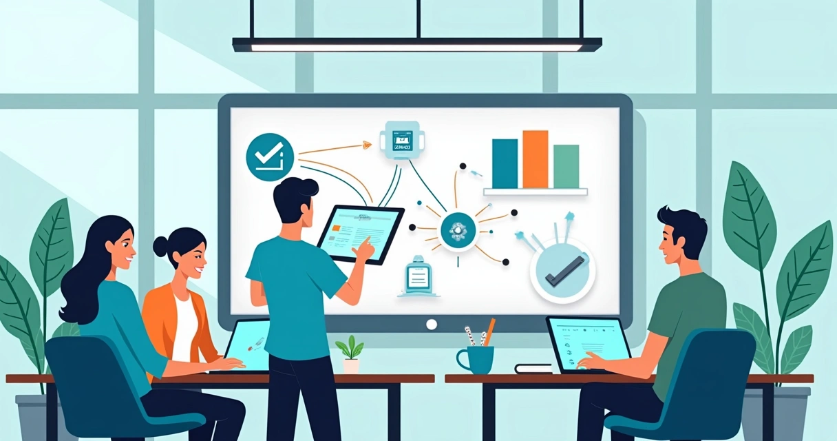 Automação de catálogo de produtos mostrando conexões entre ERP e IA em computadores