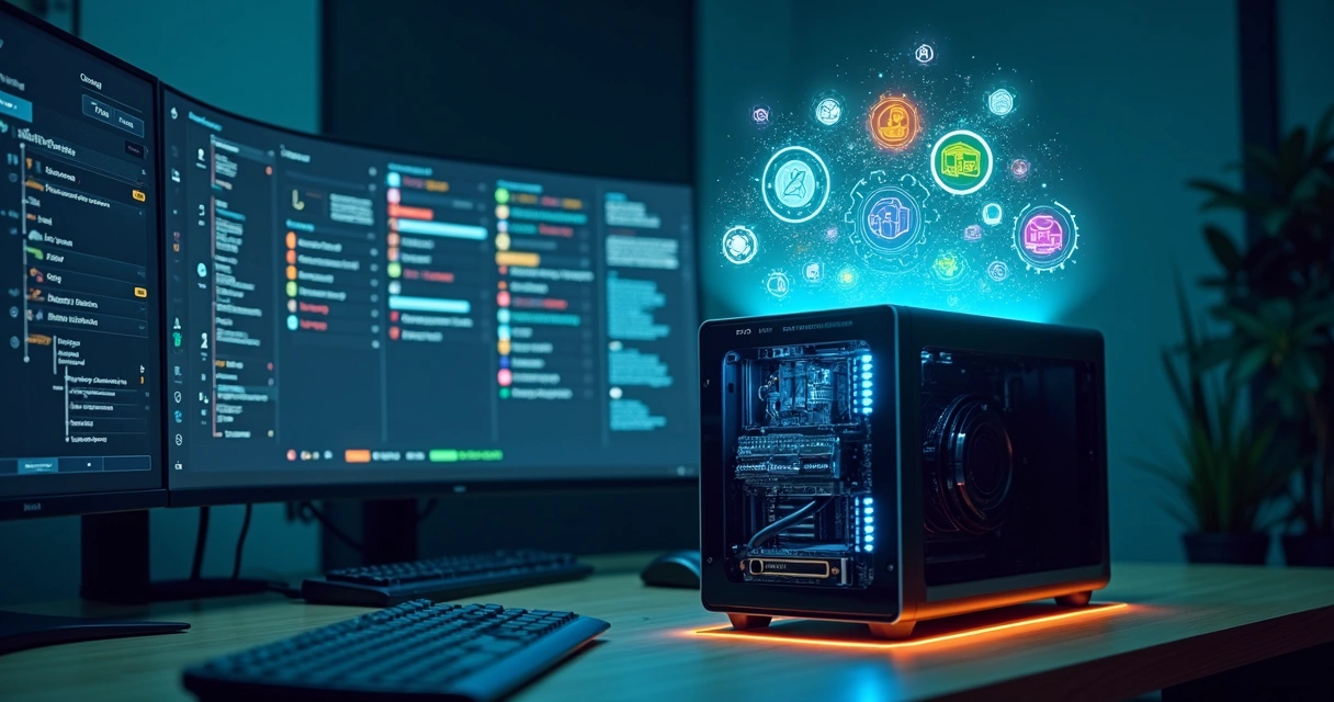Servidor doméstico com engrenagens digitais organizando ícones de gastos por categoria 