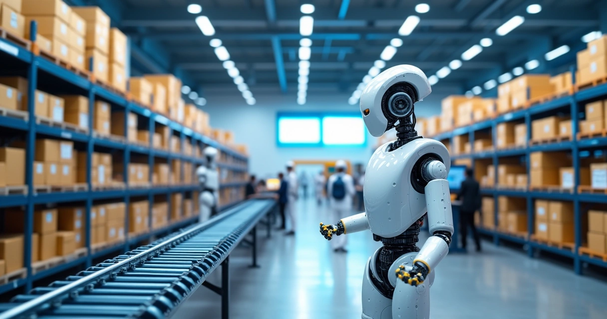 Robôs organizando produtos em um centro logístico 