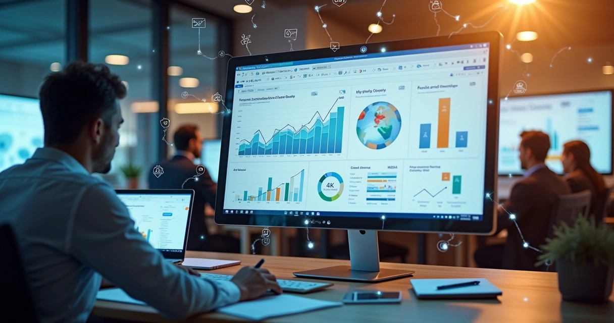 Plataforma de automação financeira mostrando integrações e gráficos em tempo real 