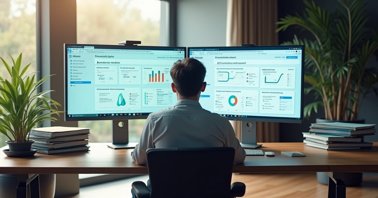 Pessoa usando software de automação para gerenciamento de certidões em dois monitores 