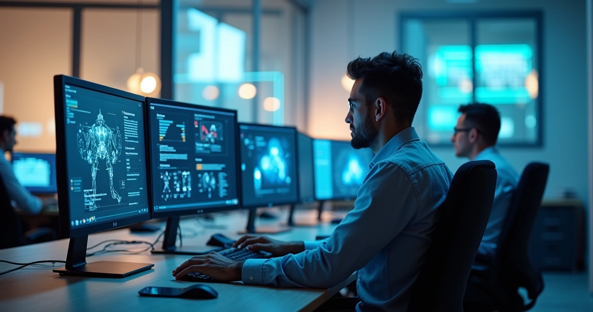 Equipe de atendimento em uma empresa usando computadores com chatbots e painéis de automação 