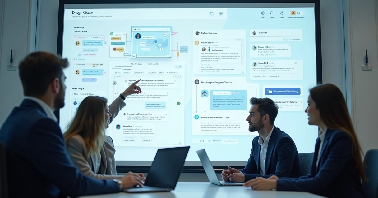 Equipe analisando painel de automação com chatbot 