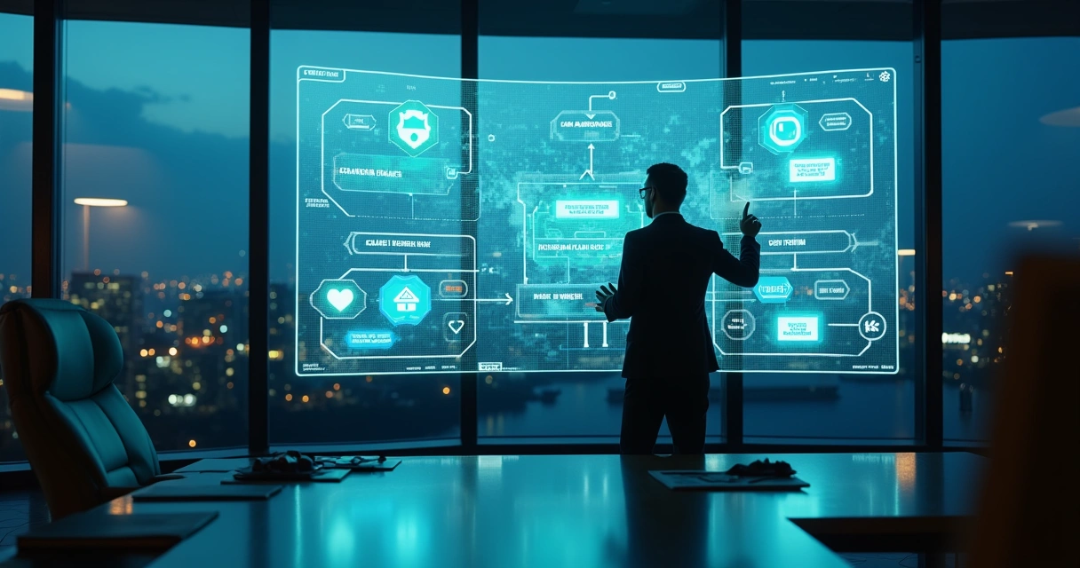Corretor de seguros acompanhando fluxo automatizado em painel digital futurista 