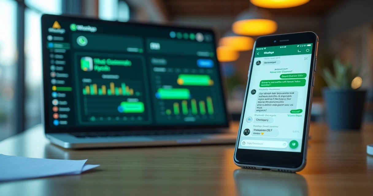 Interface de chatbot no WhatsApp atendendo leads e organizando vendas com dashboard de CRM ao fundo 