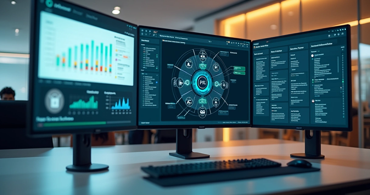 Dashboard corporativo com agente de IA automatizando tarefas de backoffice em múltiplas telas 