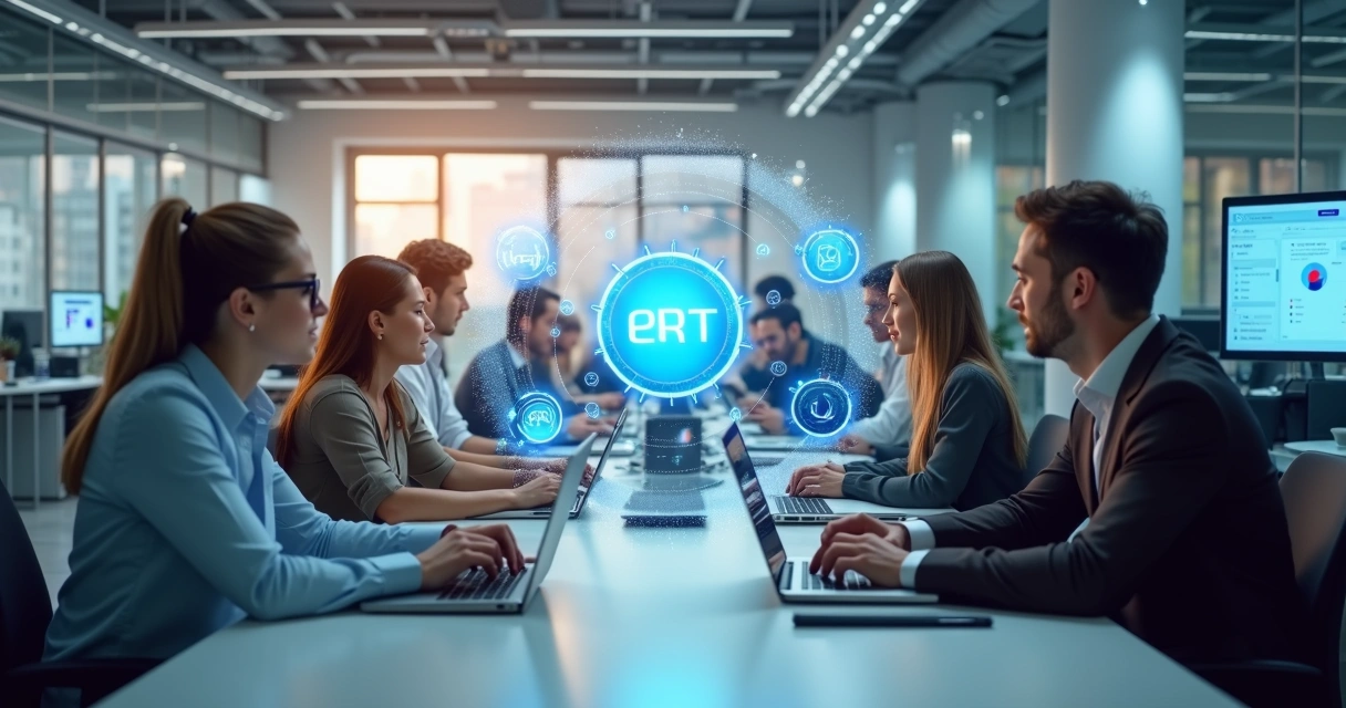 Representação de automação empresarial com inteligência artificial e equipe trabalhando em escritório moderno 