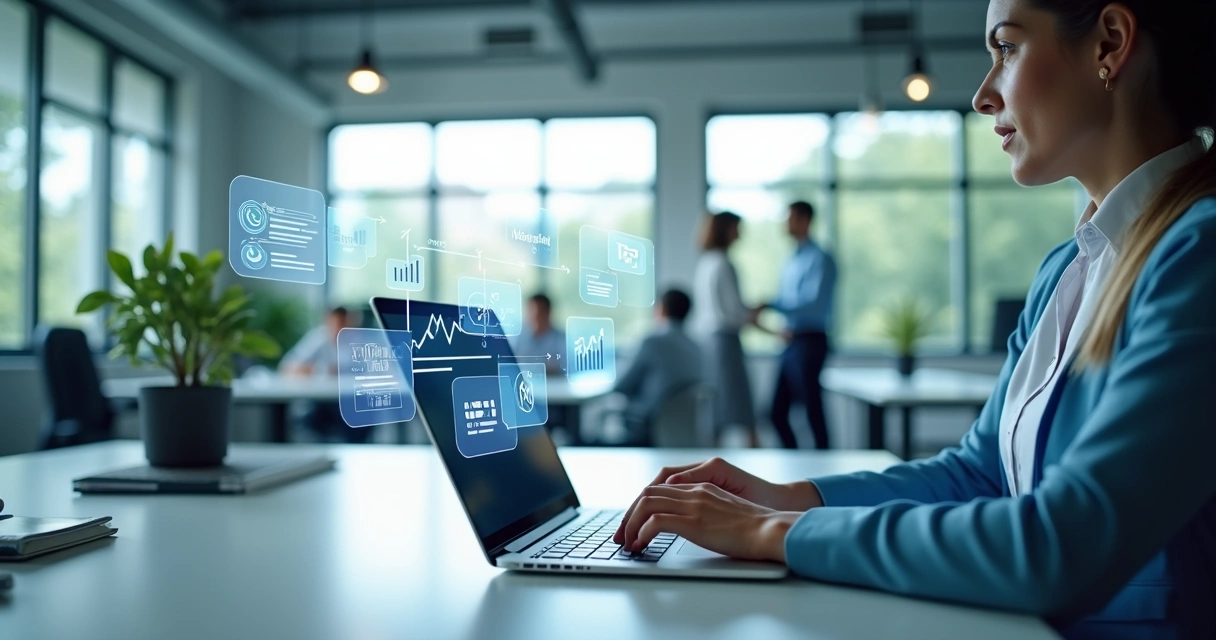 Pessoa usando laptop com telas digitais mostrando automação, gráficos, mensagens de atendimento ao cliente e integração com redes sociais 