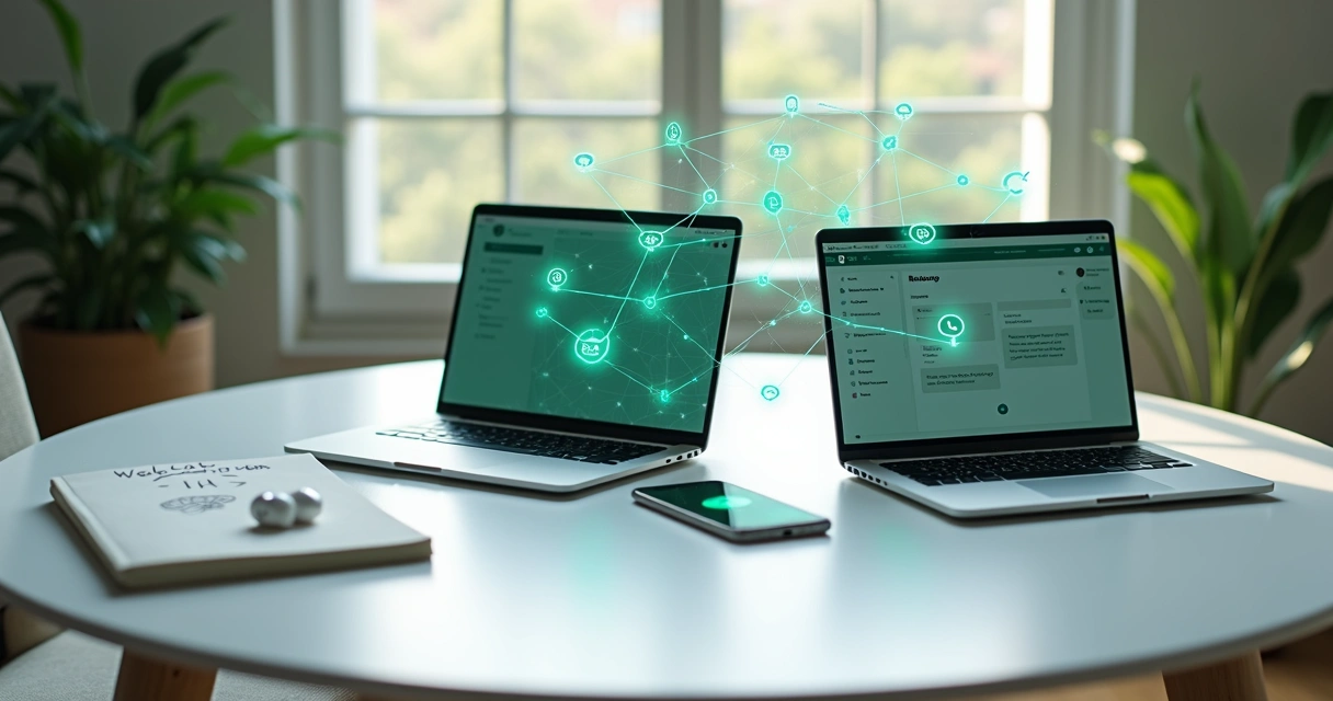 Empreendedores conectando ChatGPT ao WhatsApp usando notebooks sobre uma mesa redonda 