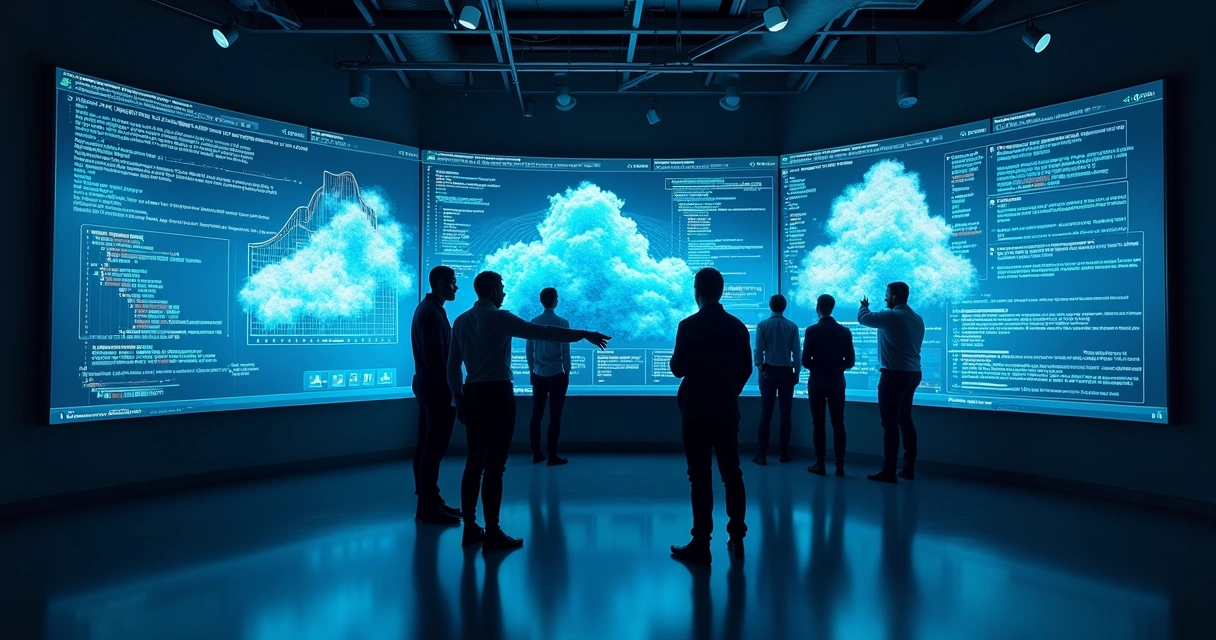 Equipe de TI analisando automação em telas grandes 