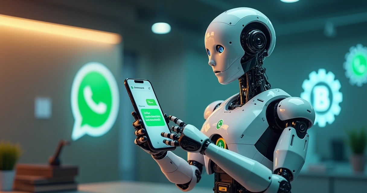 Robô segurando um smartphone exibindo WhatsApp com mensagem de cobrança e ícones de boleto e Pix 