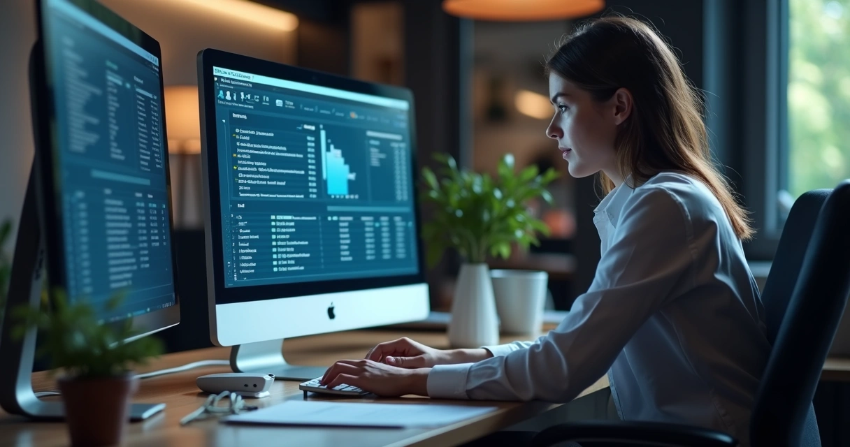 Pessoa digitando em computador, tela com gráficos e cartas enviadas 