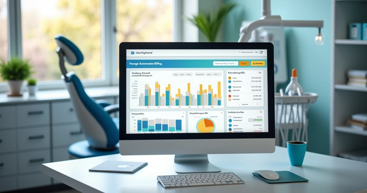 Profissional utilizando sistema automatizado de cobrança em clínica odontológica, com tela de computador exibindo gráficos e interface de gestão financeira 