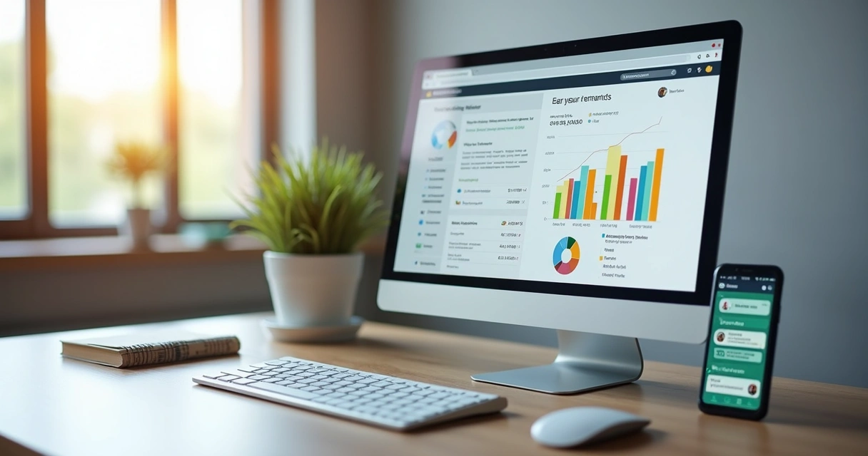 Tela de computador mostrando sistema de cobrança digital integrado com gráficos de crescimento e mensagens automatizadas no telefone ao lado 