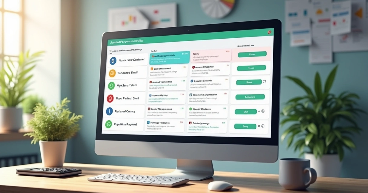 Tela de computador mostrando automação de cobranças por e-mail e WhatsApp, com detalhes coloridos de notificações e mensagens enviadas.
