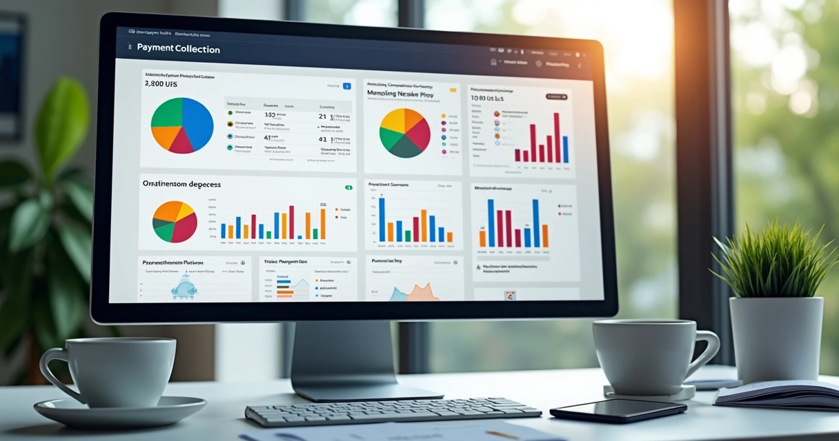 Dashboard colorido com gráficos de cobrança empresarial em tela de computador 