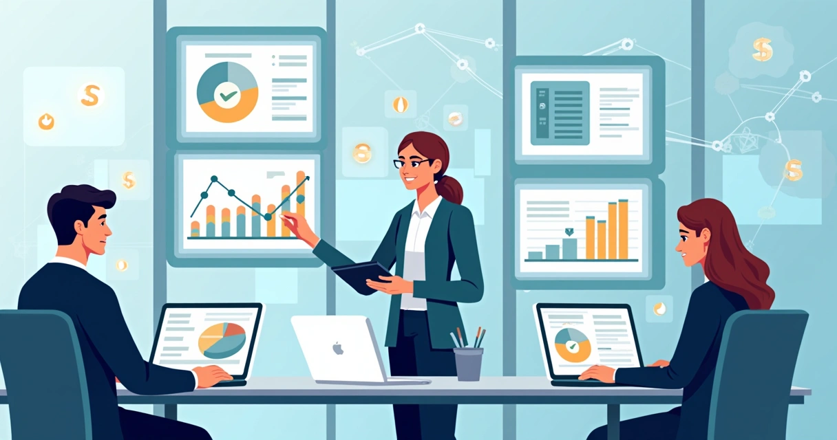 Equipe financeira analisando dados digitais de cobrança em escritório moderno