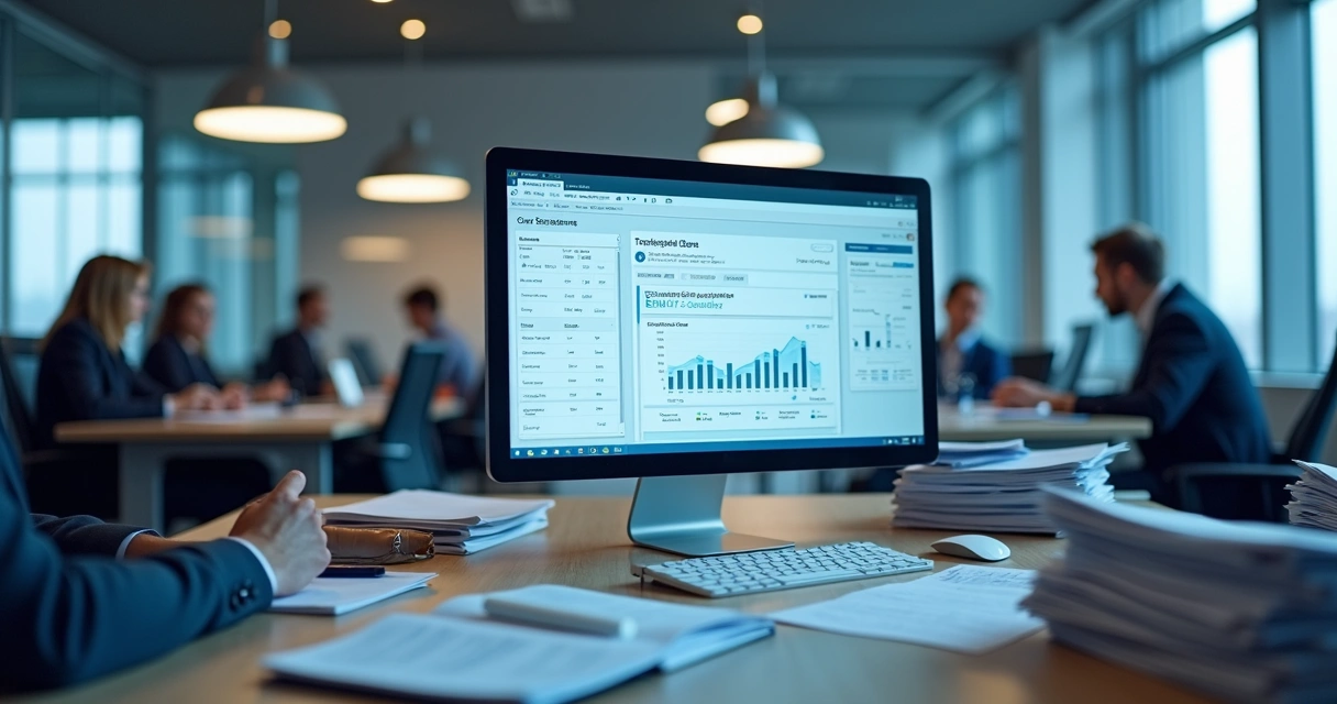 Tela de computador mostrando plataforma de automação de cobranças 