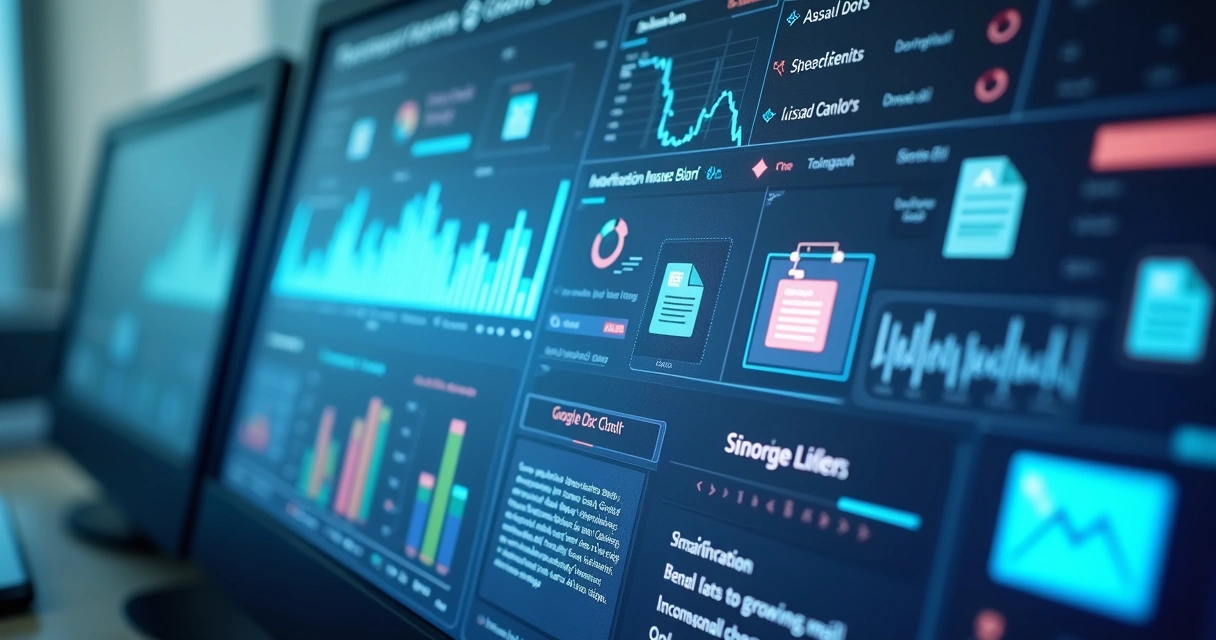 Tela digital com painel de automação, planilhas, Google Docs e ícones de cartas sendo enviadas 