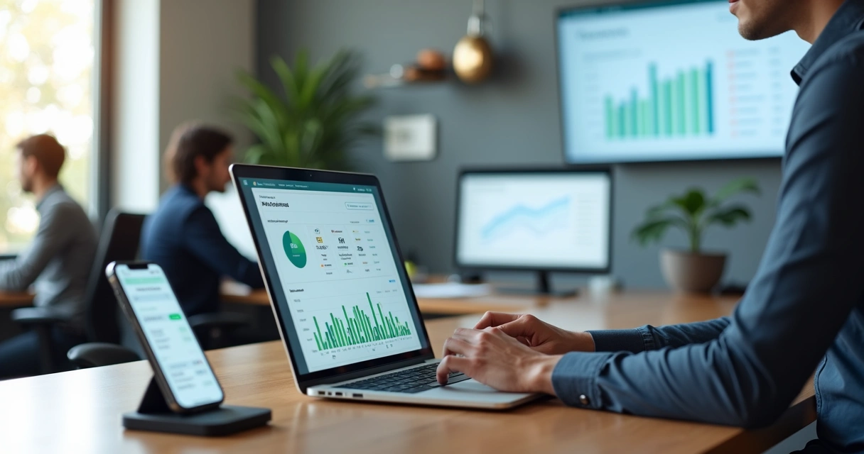 Gestor financeiro analisando dashboard de automação de cobrança em laptop com gráficos de inadimplência 