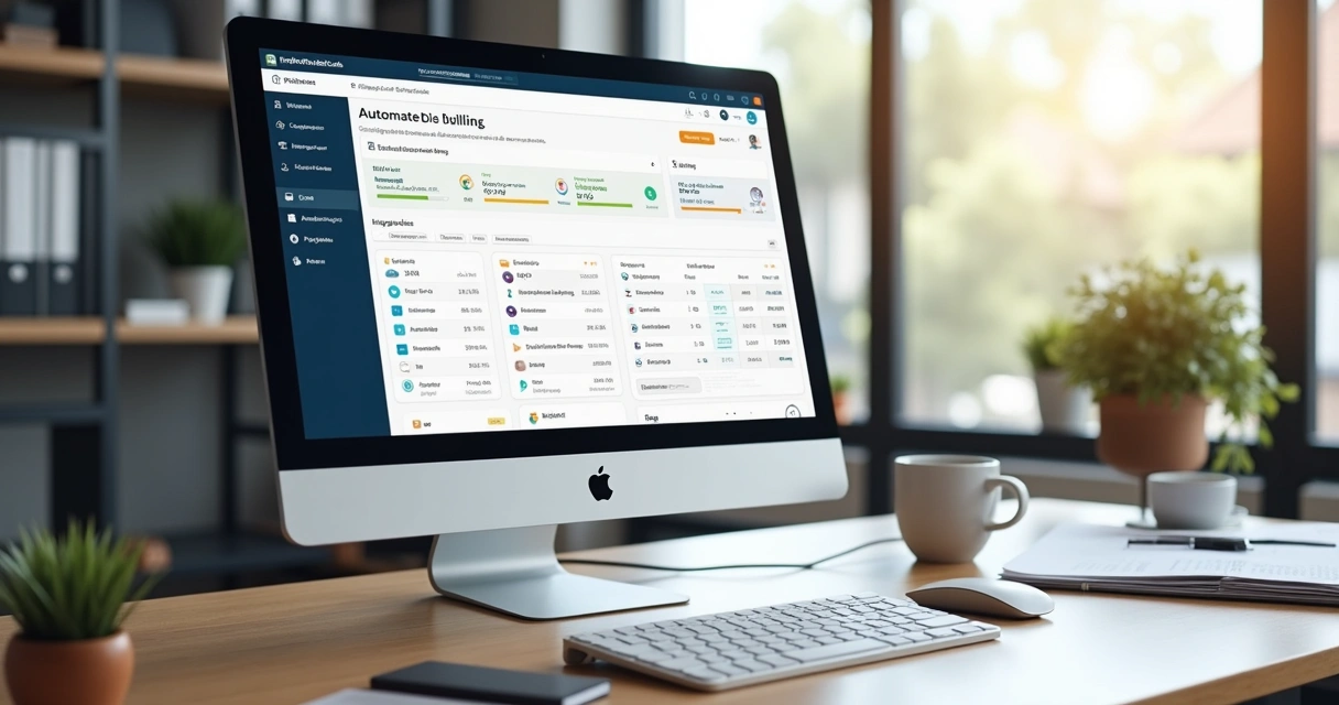 Computador com tela mostrando plataforma de automação de cobranças integrada a ERP e notificações de e-mail e WhatsApp 