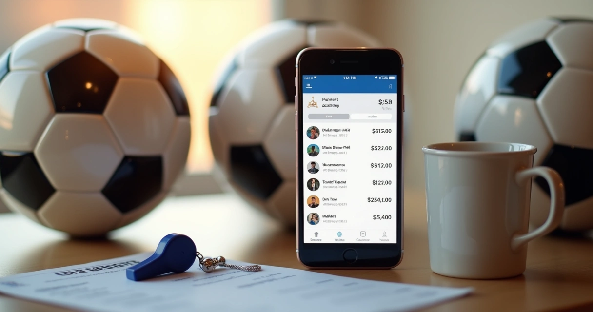 Celular com aplicativo mostrando notificações de cobranças e bolas de futebol ao fundo 