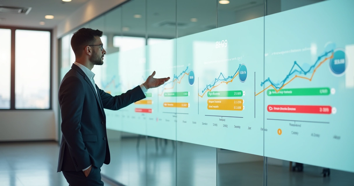 Profissional observa parede digital com linha do tempo automatizada de cobranças 