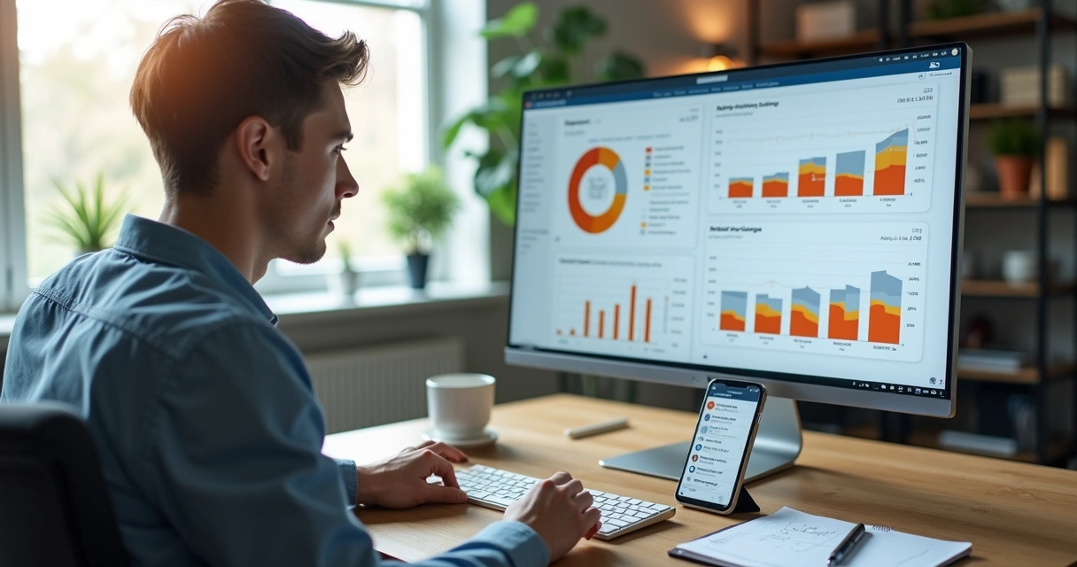 Empresário em escritório moderno analisando cobranças automatizadas em tela de computador com gráficos e planejamento financeiro 