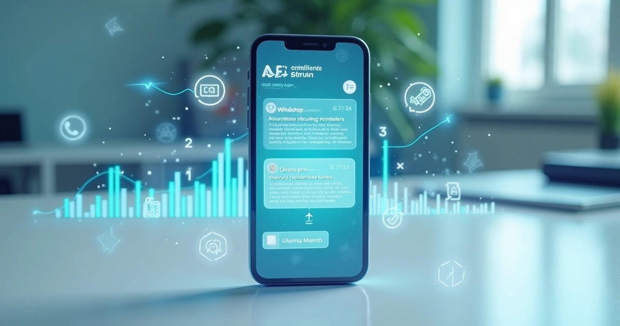 Smartphone exibindo conversa de cobrança automática via WhatsApp com gráficos financeiros ao fundo 