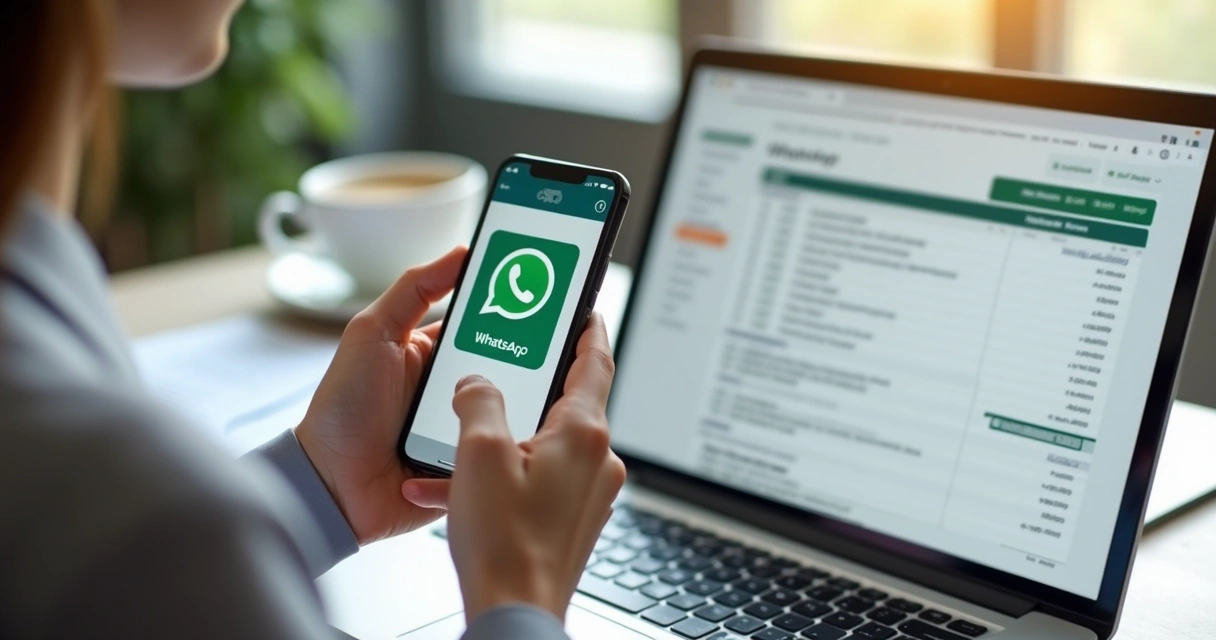 Pessoa usando smartphone para enviar mensagem de cobrança automatizada pelo WhatsApp em ambiente de escritório moderno