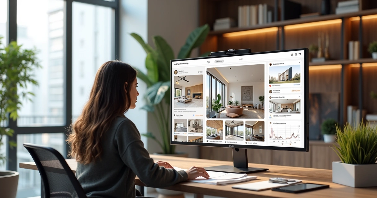 Arquiteta analisando automação de comentários do Instagram em dashboard com layout de feed na tela 