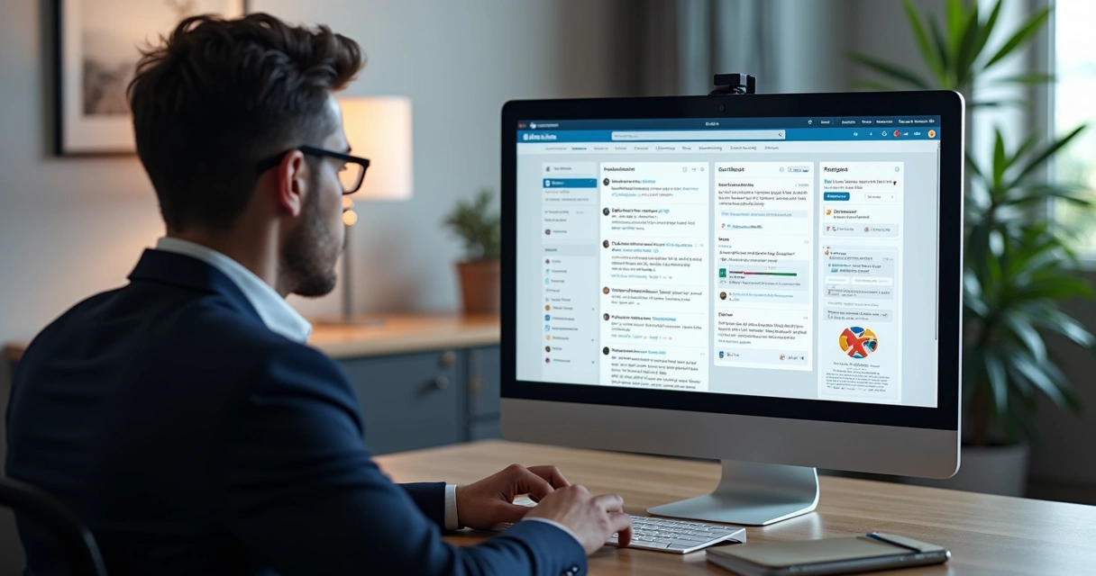 Profissional B2B analisando tela com automação de comentários no LinkedIn 