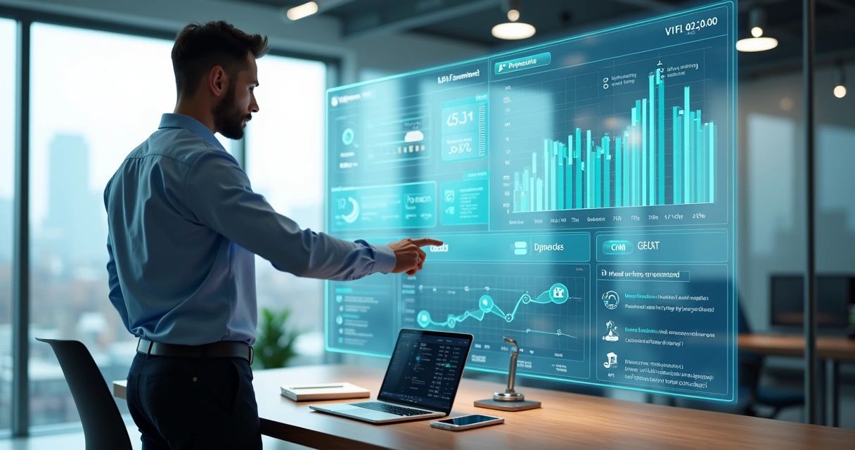 Executivo observa painel digital com automação comercial e inteligência artificial em vendas e gestão 