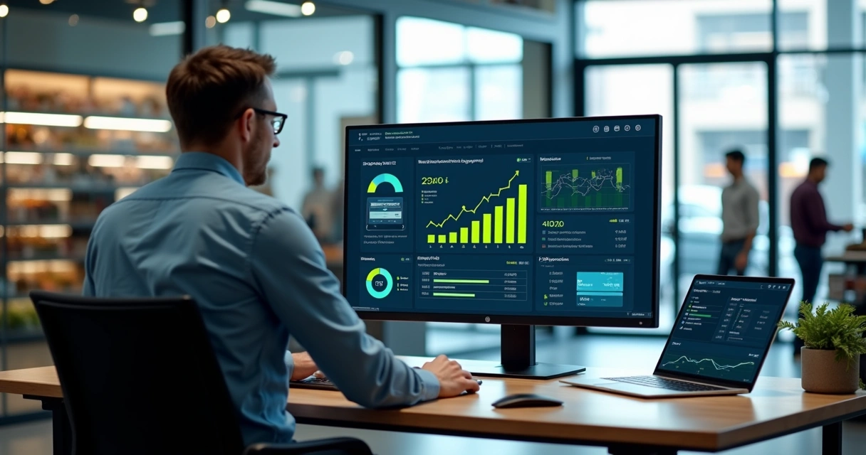 Gestor analisando tela com sistemas de automação comercial integrados 