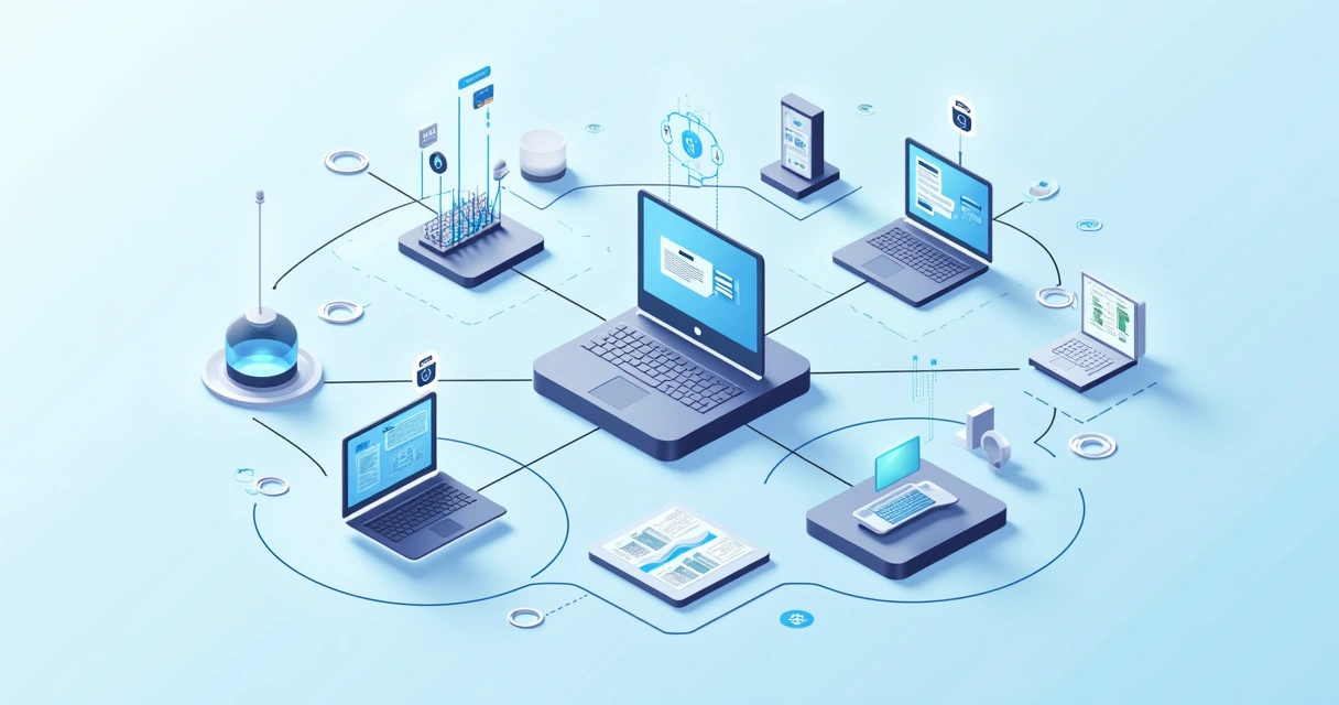 Ilustração flat corporativa mostrando cinco plataformas de automação comercial interconectadas com ícones de CRM, gráficos e fluxos de trabalho digitais em fundo azul claro 