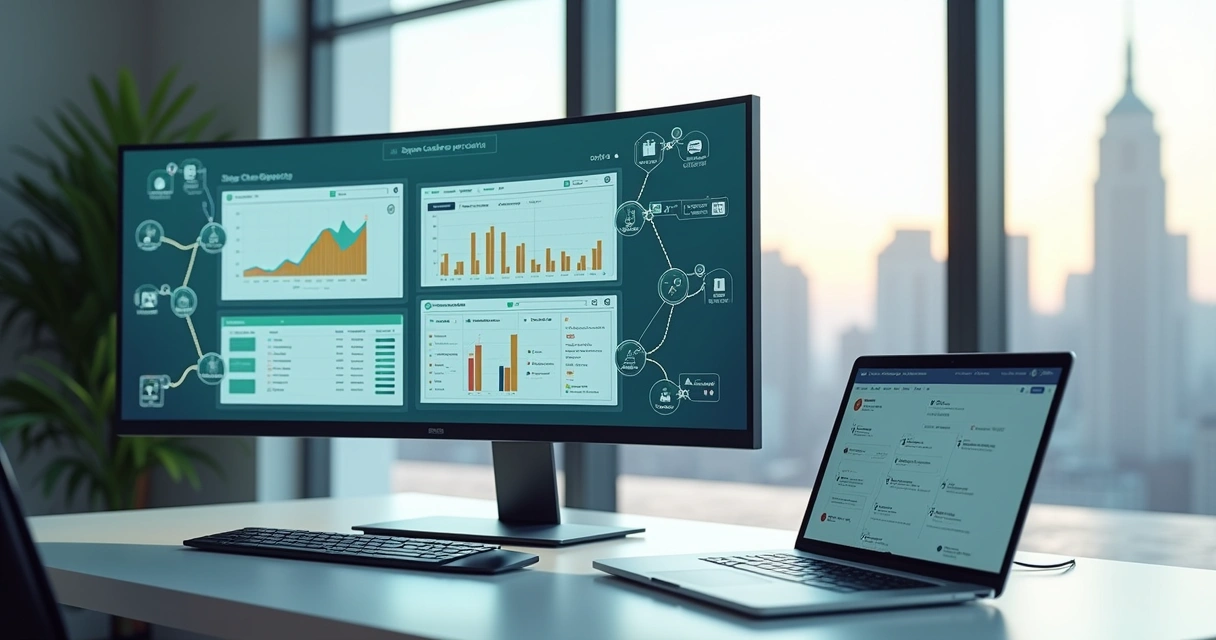 Painel integrado com vendas estoque e atendimento em ambiente corporativo moderno 