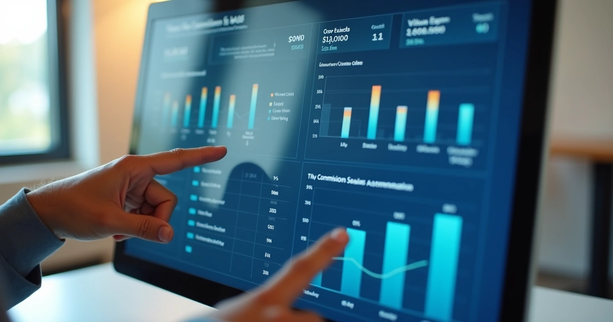 Dashboard de sistema automatizado mostrando cálculo de comissão de vendas em tempo real 