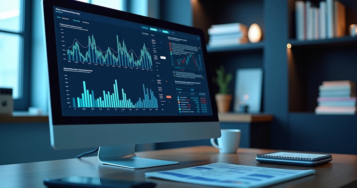 Computador com tela exibindo gráficos e dados fiscais automatizados em ambiente corporativo moderno 