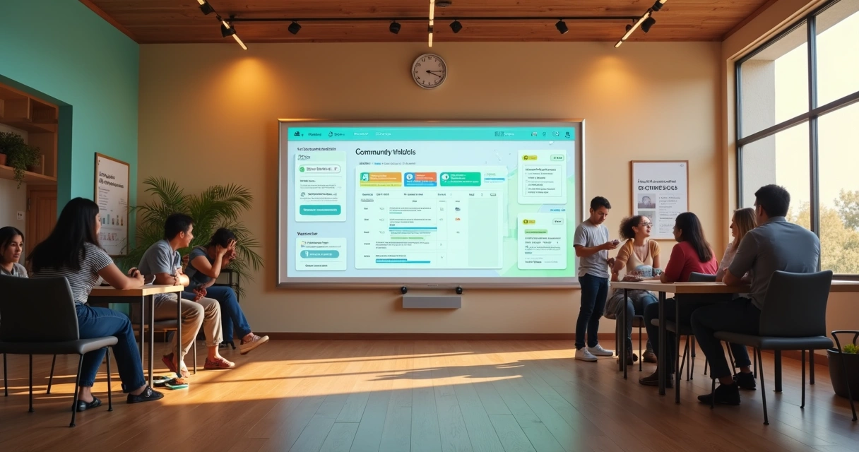 Painel digital gerenciando automação em centro comunitário moderno 