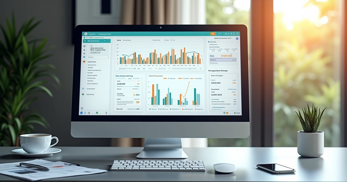 Tela de computador mostrando software de conciliação bancária automatizada com gráficos financeiros e integração em nuvem 